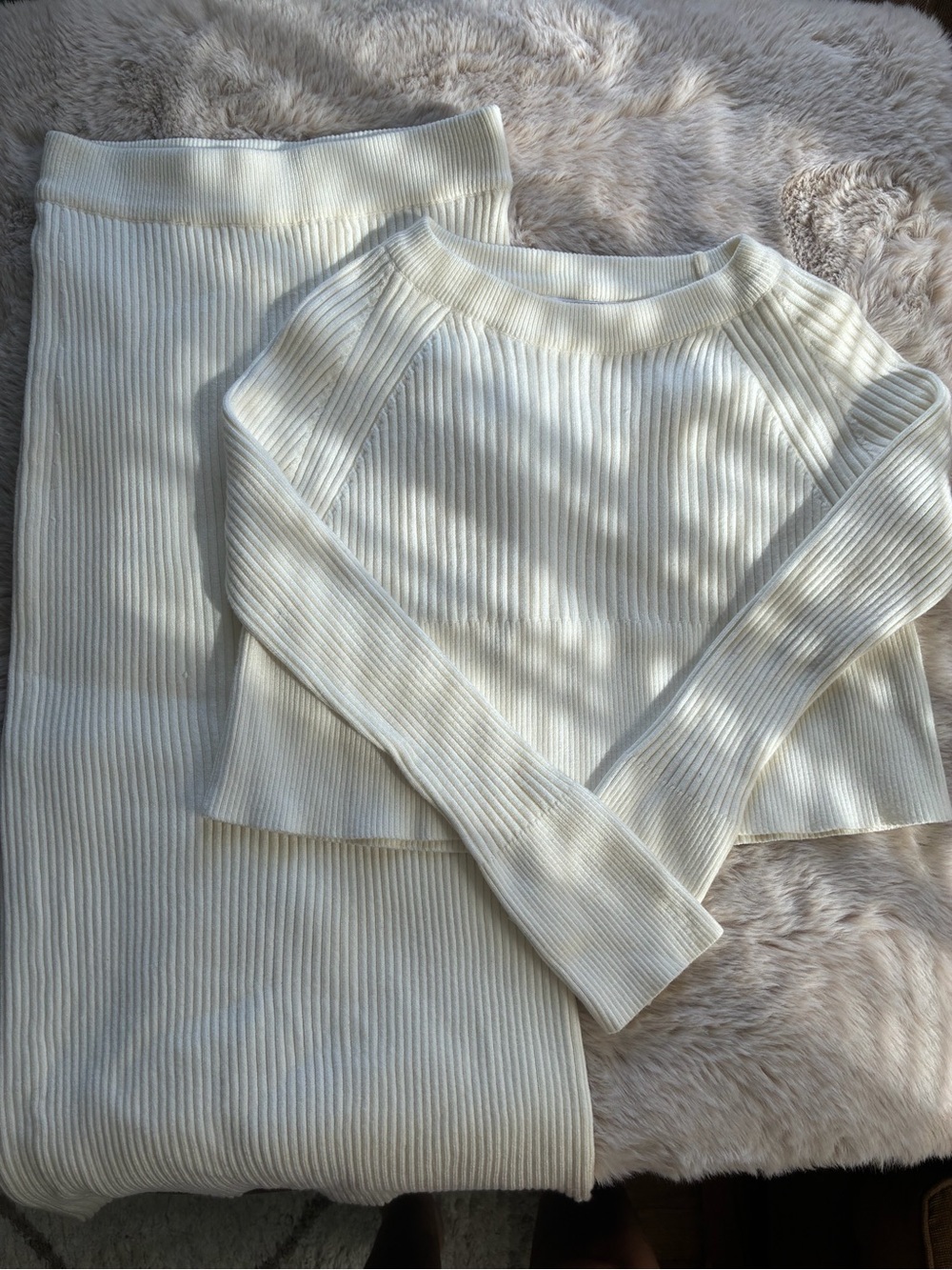 Skylar + Madison Cream Ribbed Crewneck Sweater Set with pencil midi skirt
